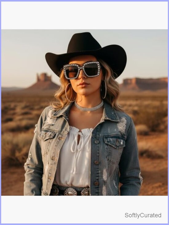 5-Piece Disco Cowgirl Hat Set Rhinestone Necklace Earrings Sunglasses Costume
